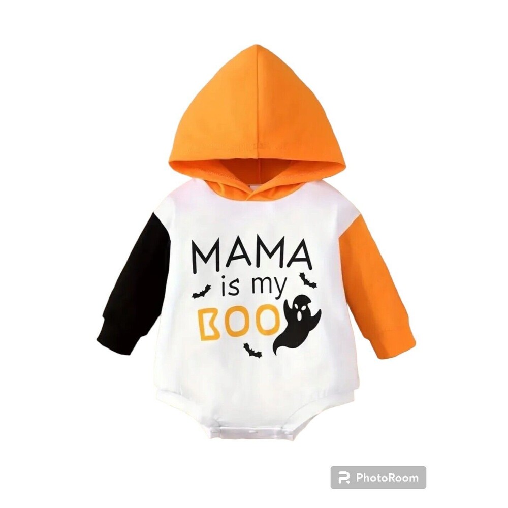 9-12M Halloween Costume,  MAMA IS MY BOO, Color Blocked Hooded One Piece